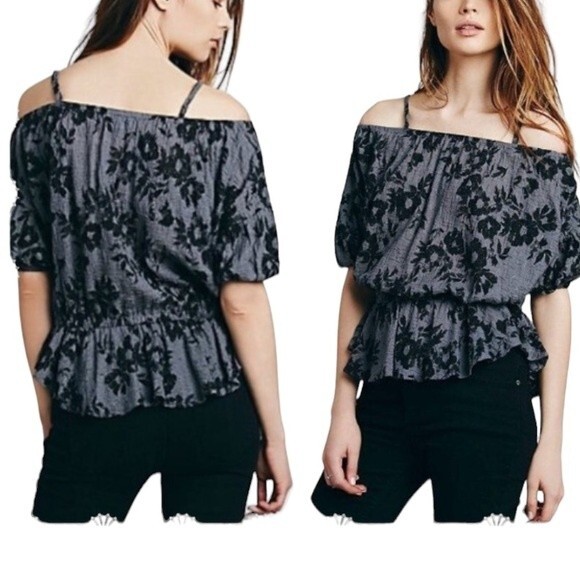 Free People Shades Of Cool Floral Ruffle Off The Shoulder Top Short Sleeves - Picture 1 of 14